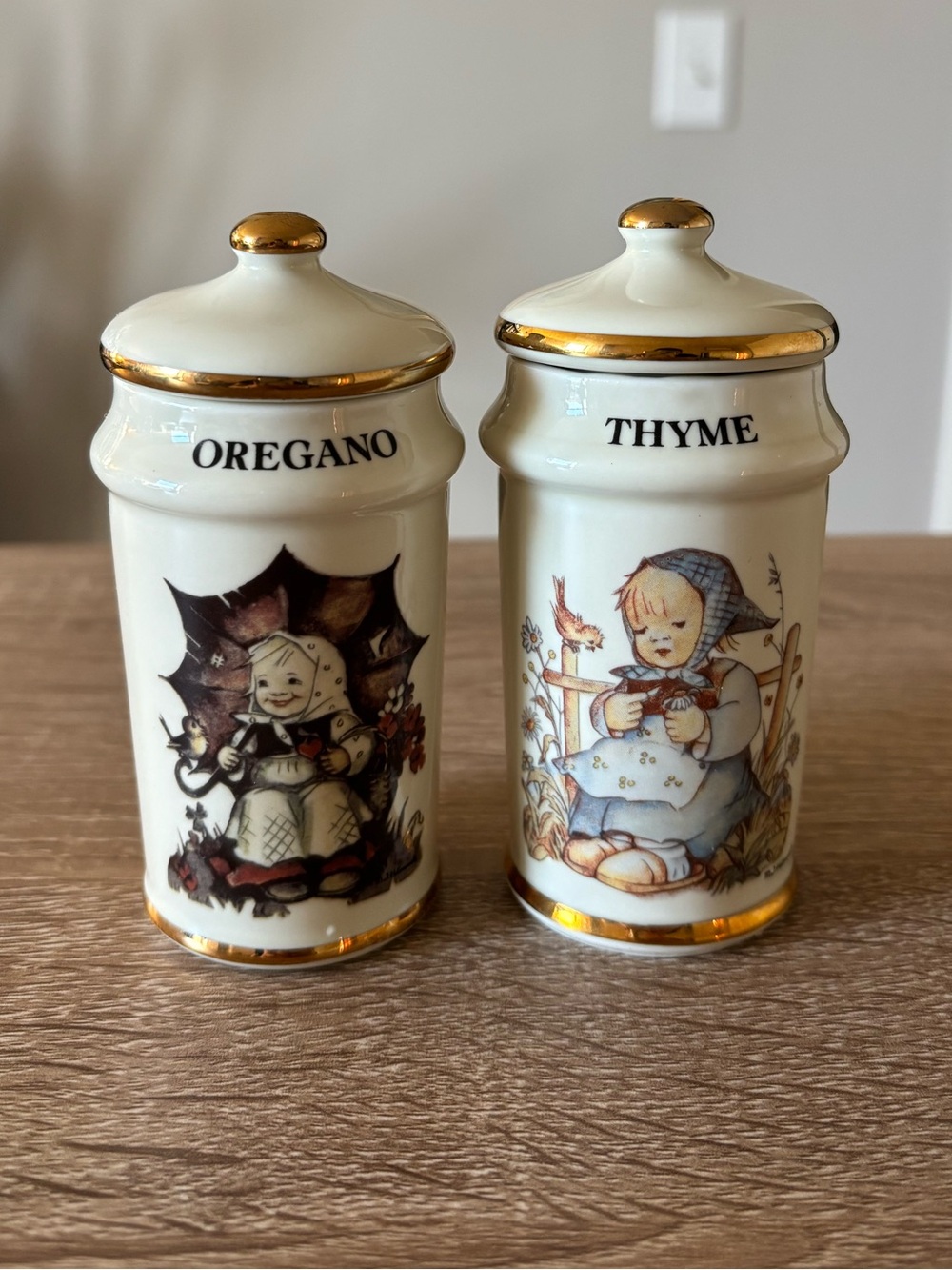 Vintage 1987 MJ Hummel Ceramic Oregano & Thyme Spice Jars with Gold Trim